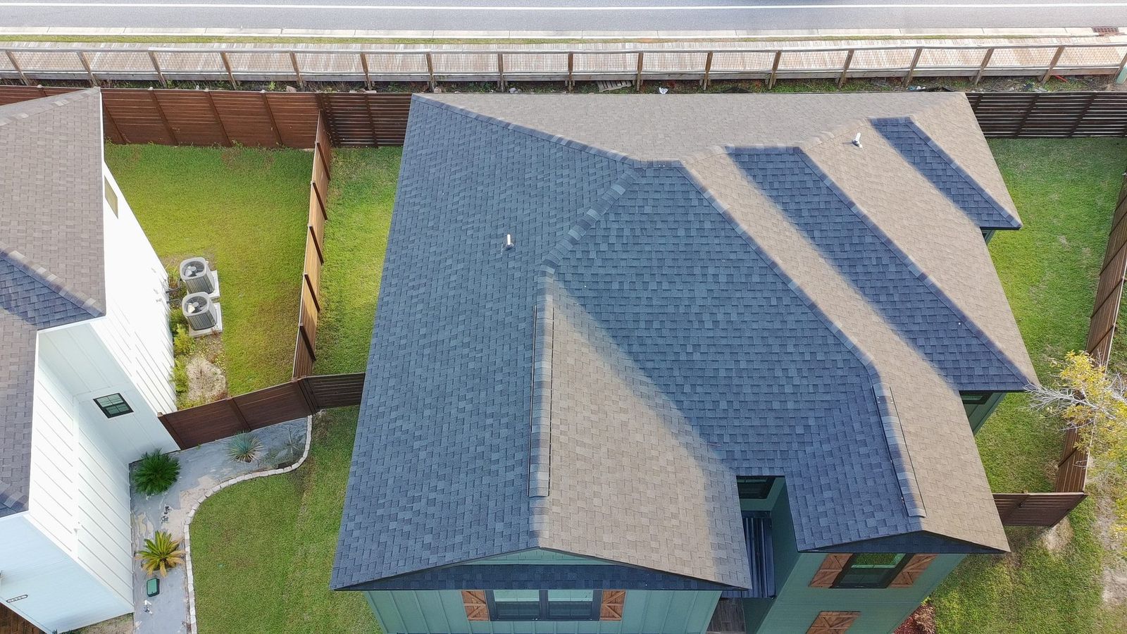 Aerial view of large roof structure