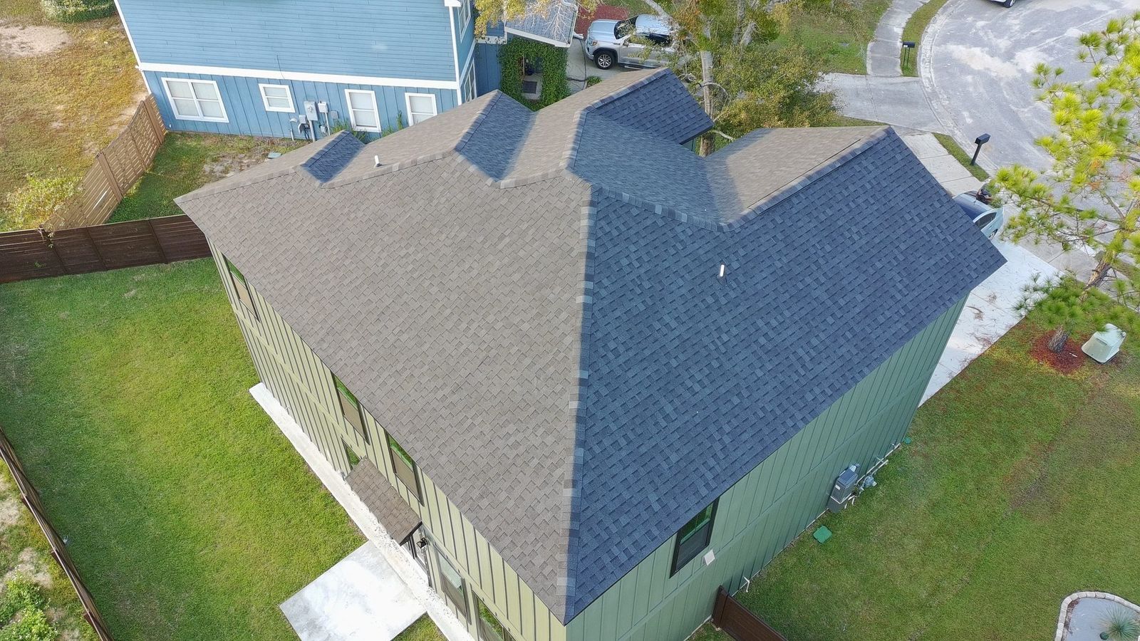 Drone view of completed roof in Gulf Coast neighborhood