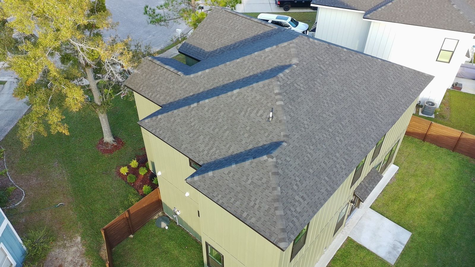 Completed roof replacement viewed from above