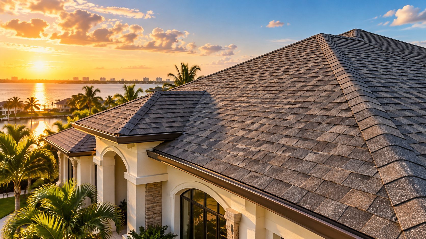 Architectural shingle roof overlooking the Gulf Coast at sunset