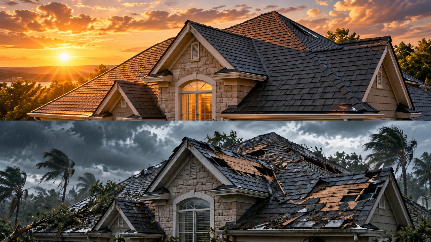 Storm-damaged roof documented before repair